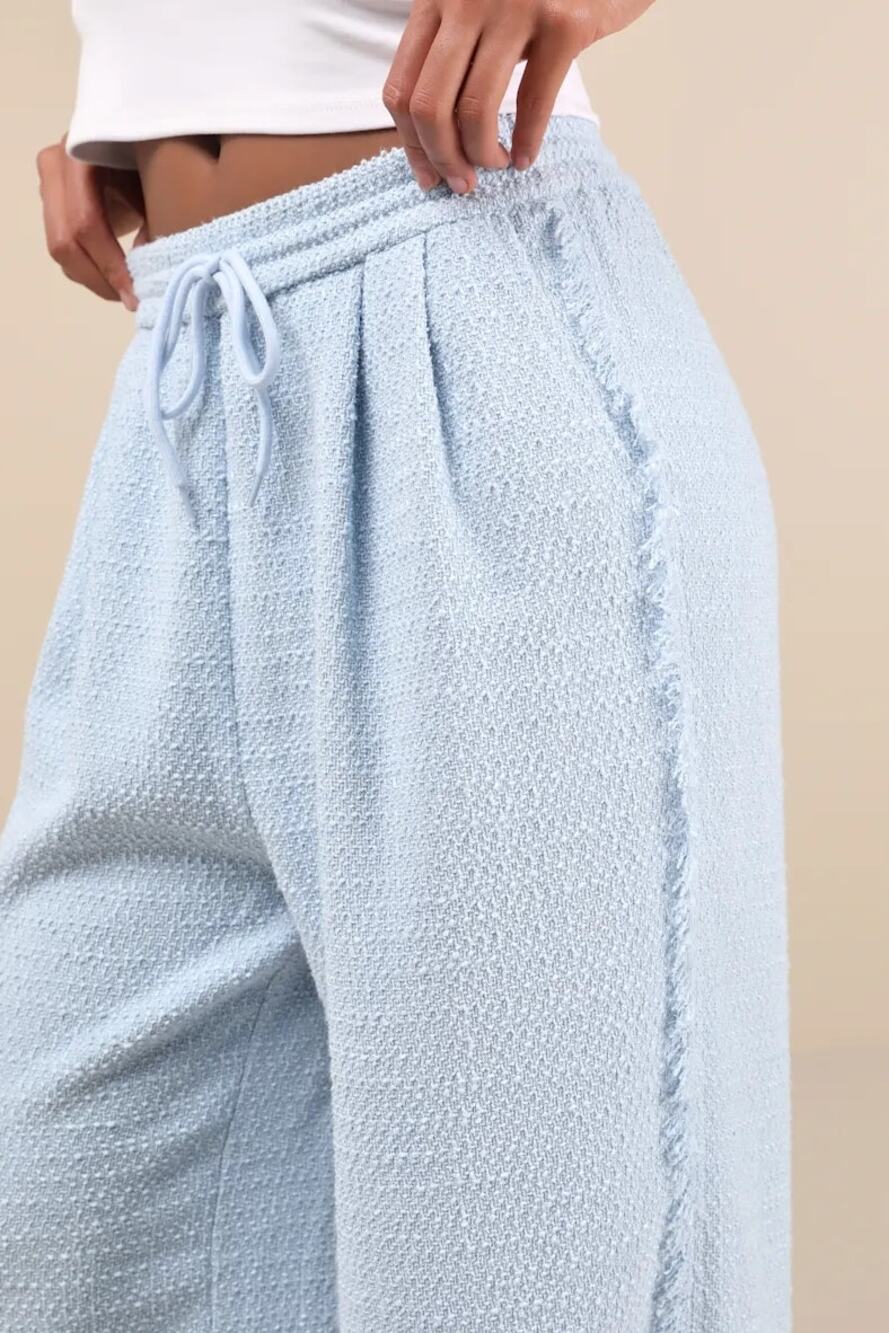 Lulus NWT Trendsetting Aspect Light Blue Tweed Raw Edge Wide-Leg Pants large